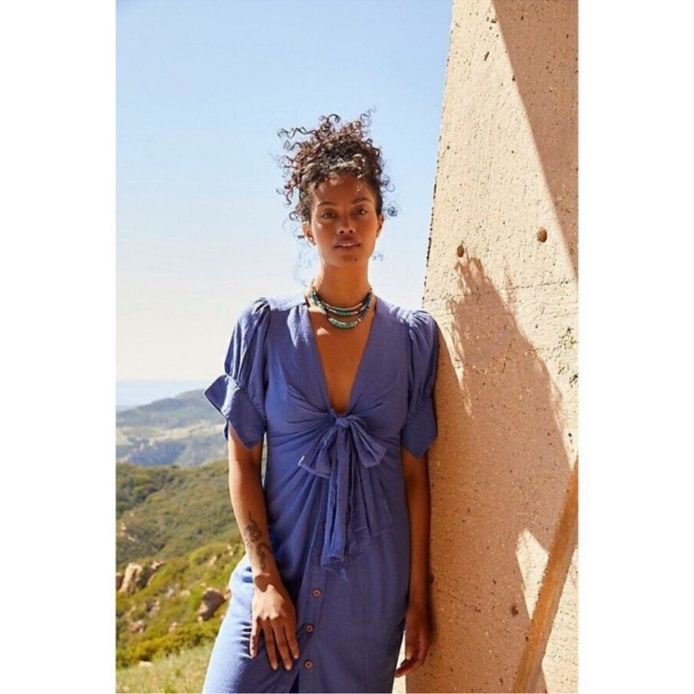 Free People Summer Midi Vintage Blue Tie-Front Midi Dress